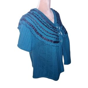 Nanette Lepore~Teal Merino Wool Beaded Cropped Cardigan – Ruffle Detail (S)